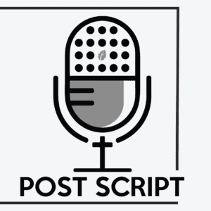 A black and white image of a microphone with the words post script underneath it.