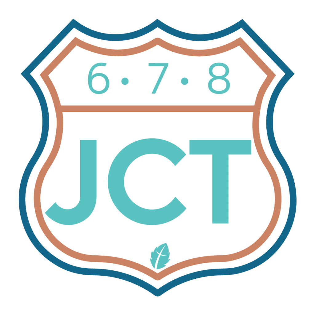 A green background with the letters jct in blue and orange.