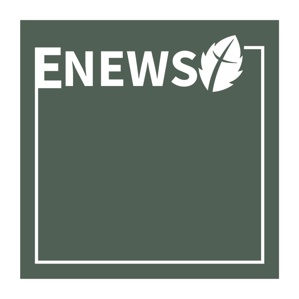 Enews, green background, leaf logo.